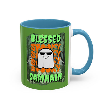 Spooky Blessed Samhain Ghost Green font Accent Mug by CreepyCrafts.boo