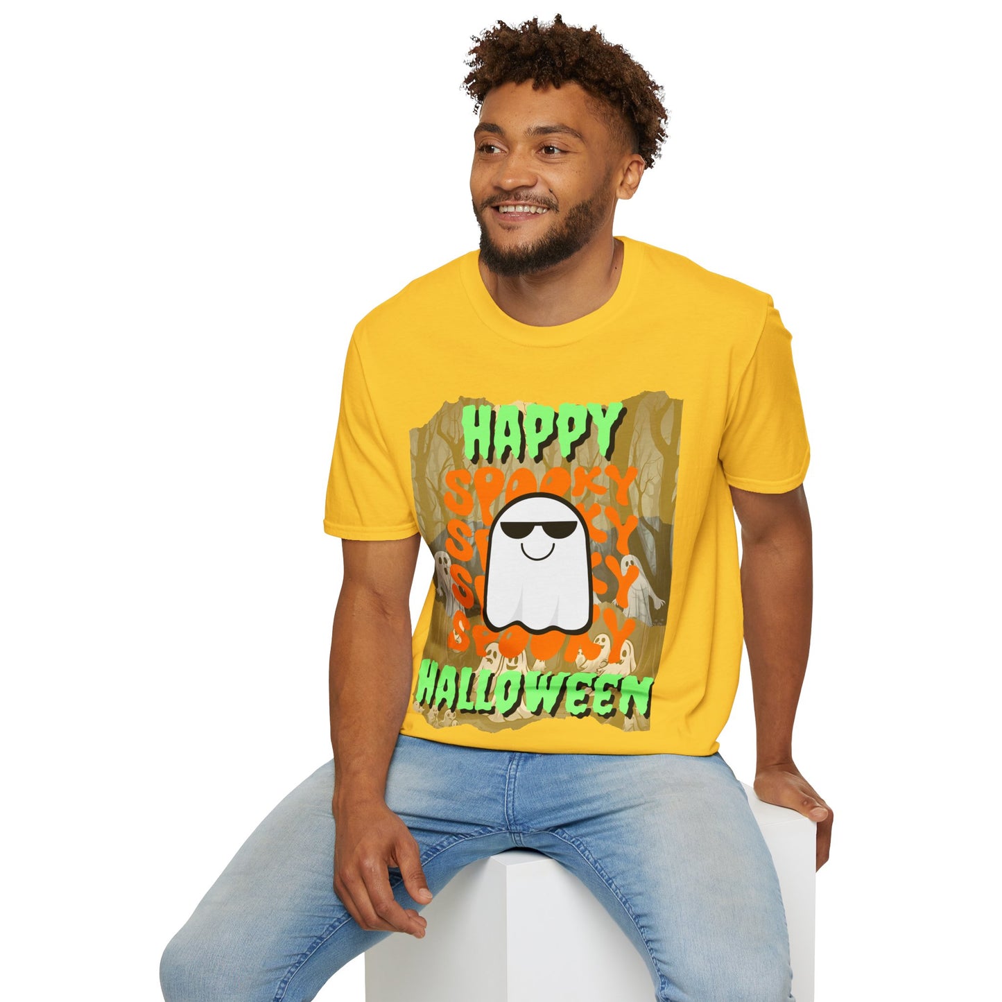 Spooky Happy Halloween Ghost Light colors Green font Unisex T-Shirt by CreepyCrafts.boo