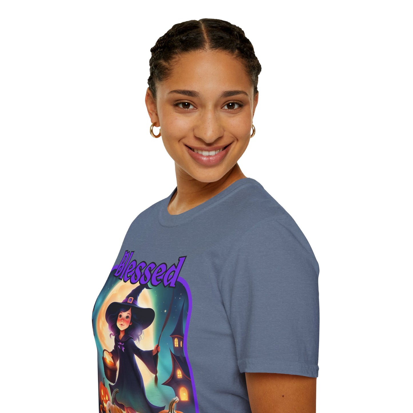 Blessed Samhain Little Witch Purple font Dark colors Unisex T-Shirt by CreepyCrafts.boo