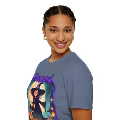 Blessed Samhain Little Witch Purple font Dark colors Unisex T-Shirt by CreepyCrafts.boo