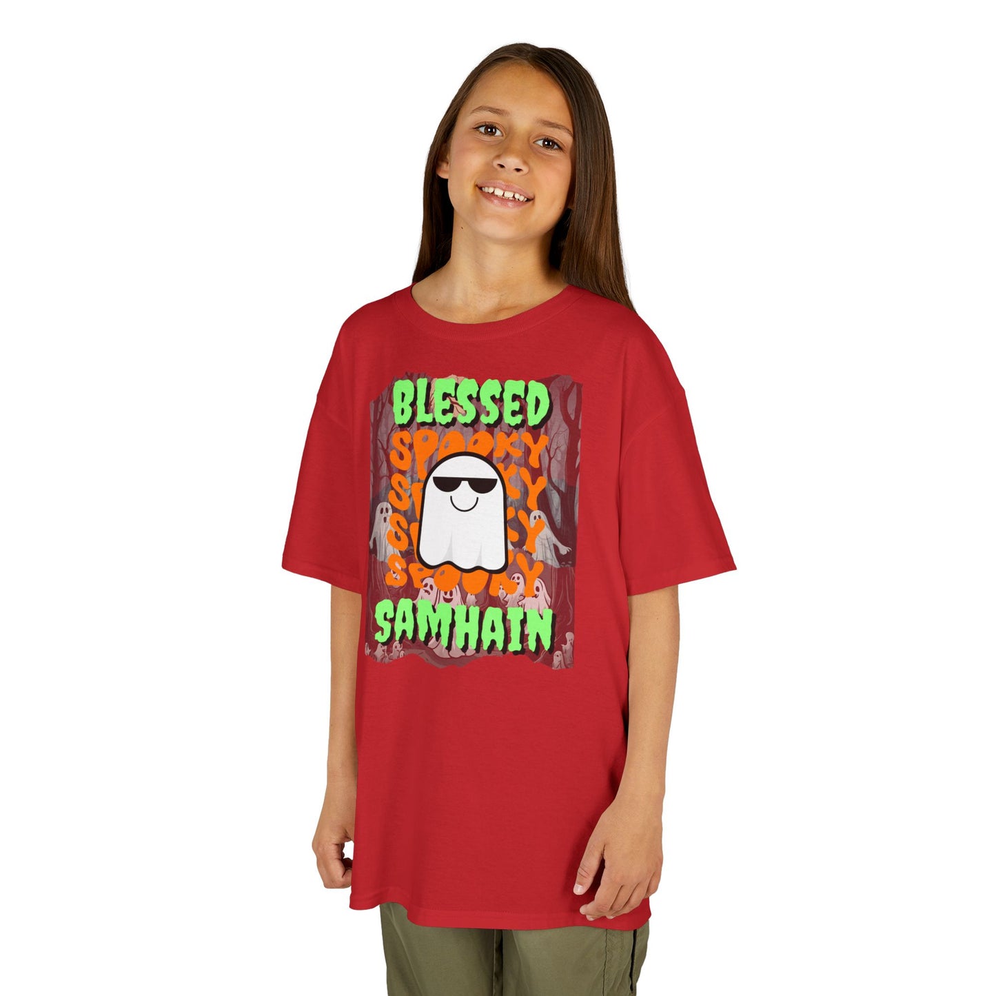 Spooky Blessed Samhain Ghost Green font Kids Heavy Cotton™ Tee by CreepyCrafts.boo