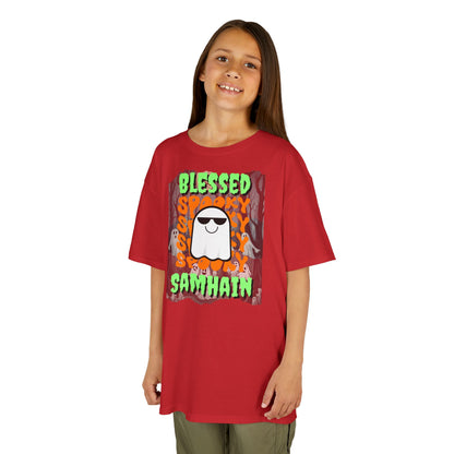 Spooky Blessed Samhain Ghost Green font Kids Heavy Cotton™ Tee by CreepyCrafts.boo