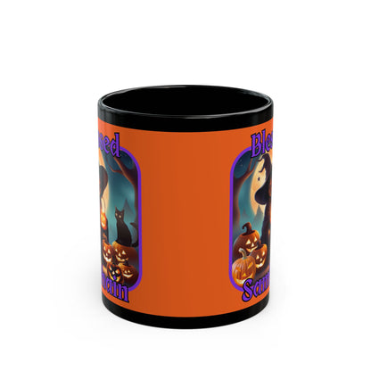 Blessed Samhain Cute Witch Purple font Orange Mug by CreepyCrafts.boo