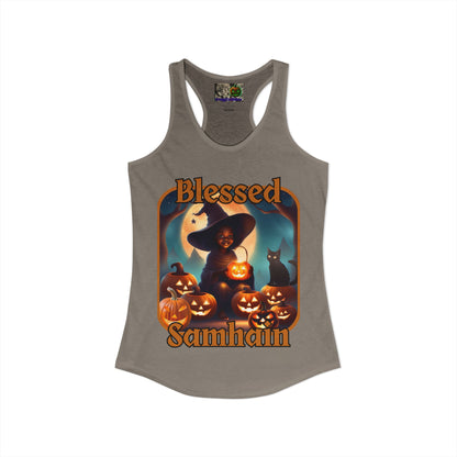 Blessed Samhain Cute Witch Orange font Women's Racerback Tank Top by CreepyCrafts.boo