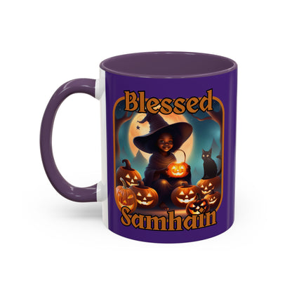 Blessed Samhain Cute Witch Orange font Purple Accent Mug by CreepyCrafts.boo