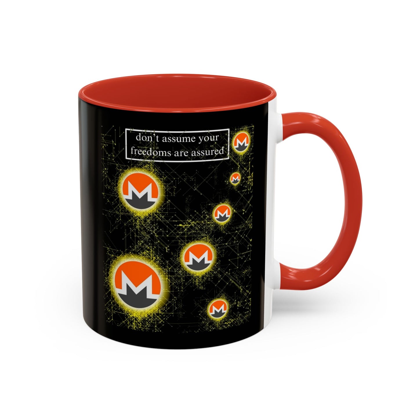 Monero (XMR) don't assume your freedoms are assured Black Accent Mug by cypherpunkgear.com