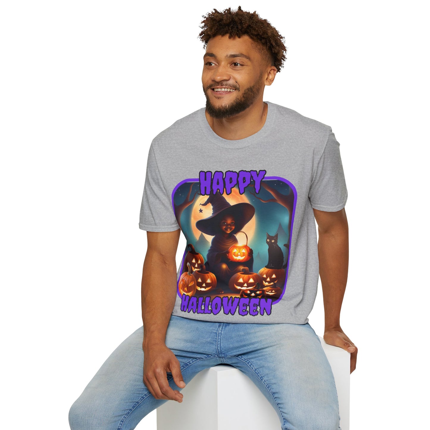 Happy Halloween Cute Witch Purple font Light colors Unisex T-Shirt by CreepyCrafts.boo