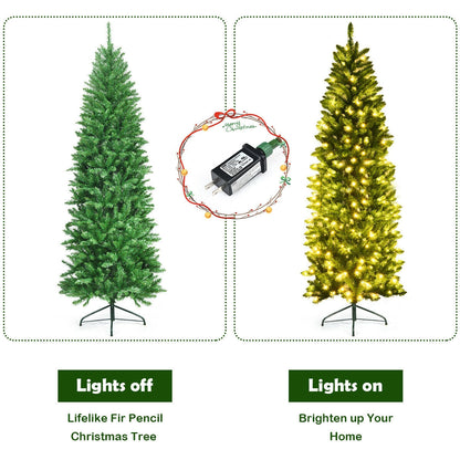 6 Feet PVC Hinged Pre-lit Artificial Fir Pencil Christmas Tree with 150 Lights