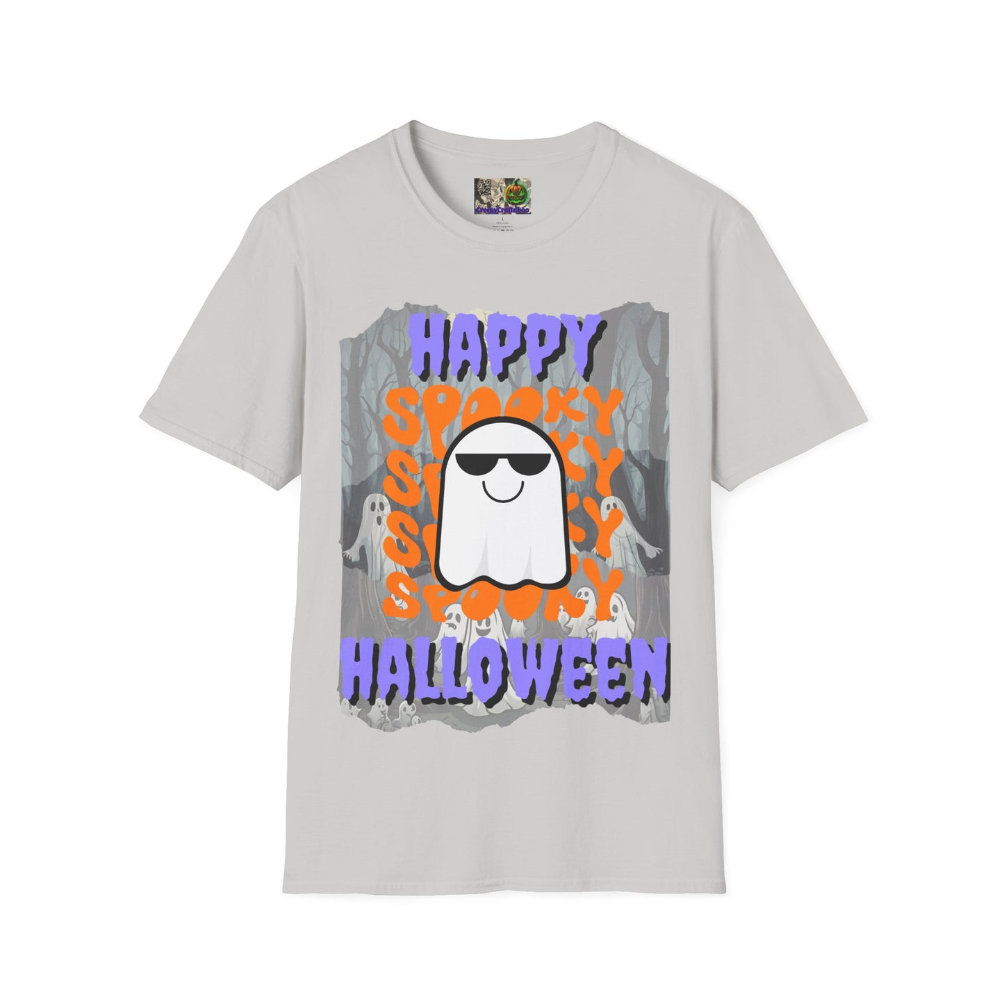 Spooky Happy Halloween Ghost Light colors Purple font Unisex T-Shirt by CreepyCrafts.boo