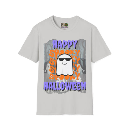 Spooky Happy Halloween Ghost Light colors Purple font Unisex T-Shirt by CreepyCrafts.boo
