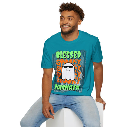 Spooky Blessed Samhain Ghost Green font Unisex T-Shirt by CreepyCrafts.boo