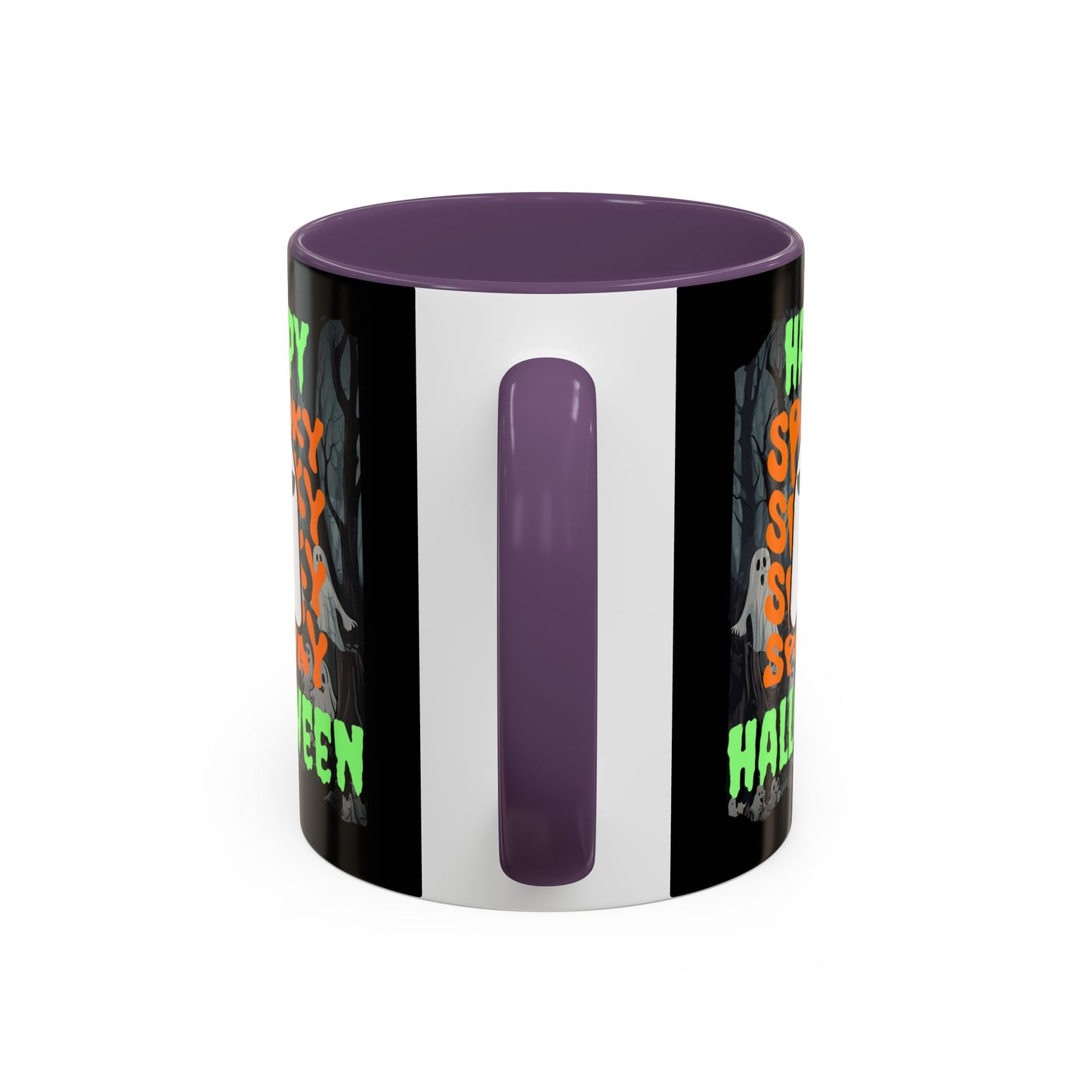 Spooky Happy Halloween Ghost Green font Black Accent Mug by CreepyCrafts.boo