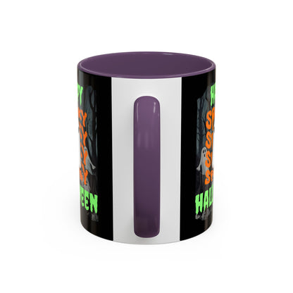 Spooky Happy Halloween Ghost Green font Black Accent Mug by CreepyCrafts.boo