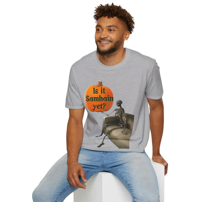 Waiting for Samhain Skeleton LTcolors Unisex T-Shirt by cypherpunkgear