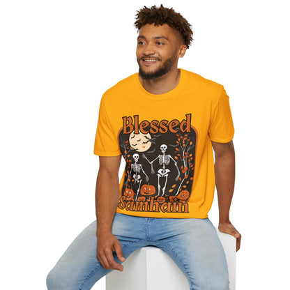 Spooktacular Skeletons of Samhain Light colors Unisex T-Shirt by CreepyCrafts.boo