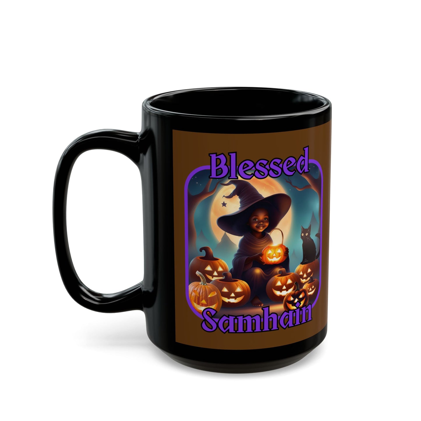 Blessed Samhain Cute Witch Purple font Brown Mug by CreepyCrafts.boo