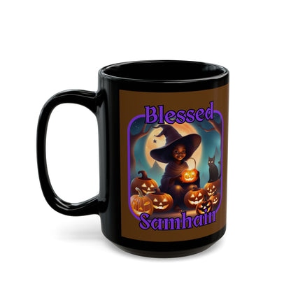 Blessed Samhain Cute Witch Purple font Brown Mug by CreepyCrafts.boo