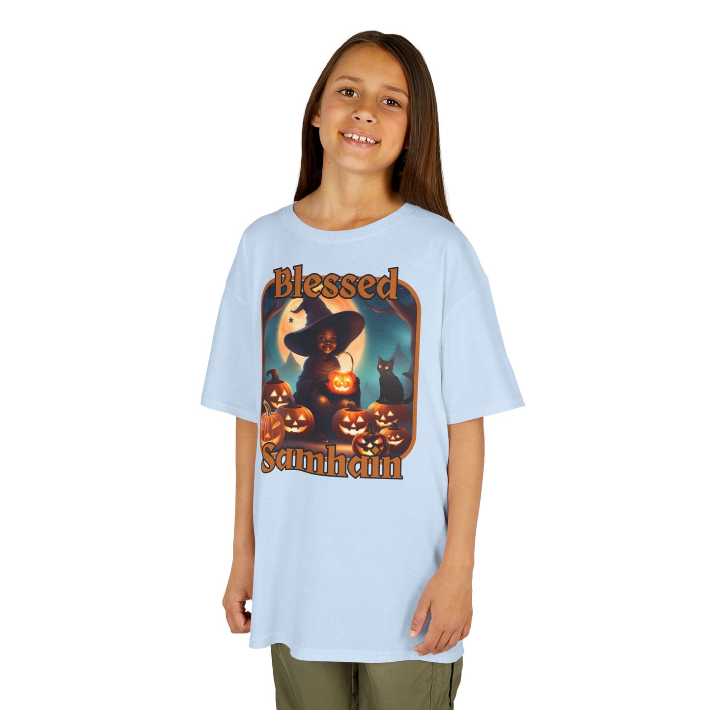 Blessed Samhain Cute Witch Orange font Kids Heavy Cotton™ Tee by CreepyCrafts.boo