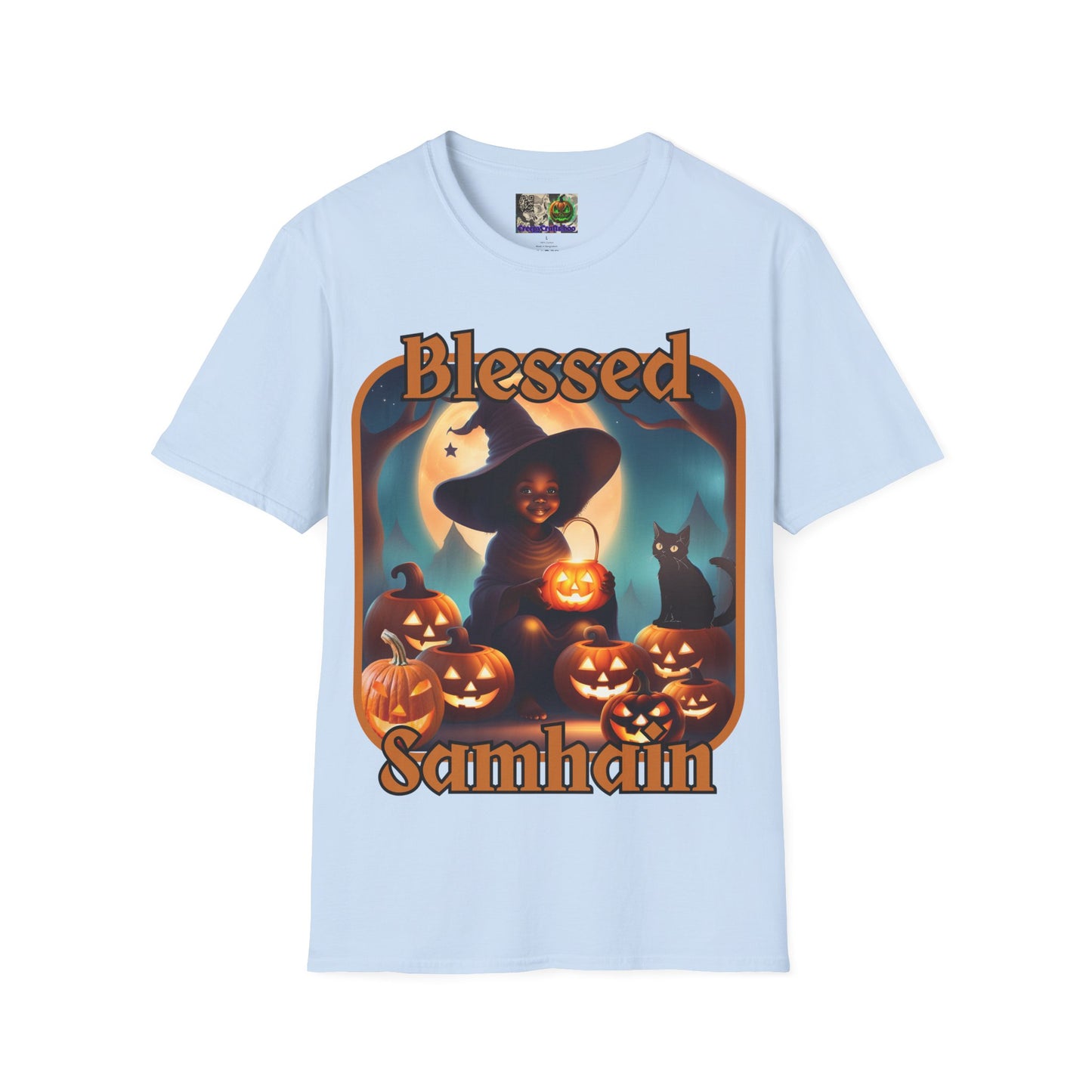 Blessed Samhain Cute Witch Orange font Light colors Unisex T-Shirt by CreepyCrafts.boo