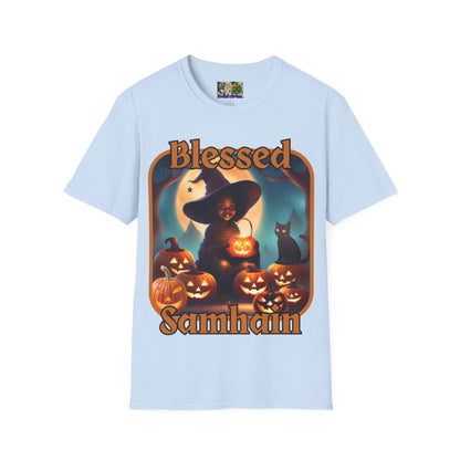 Blessed Samhain Cute Witch Orange font Light colors Unisex T-Shirt by CreepyCrafts.boo
