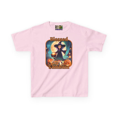 Blessed Samhain Little Witch Orange font Kids Heavy Cotton™ Tee by CreepyCrafts.boo