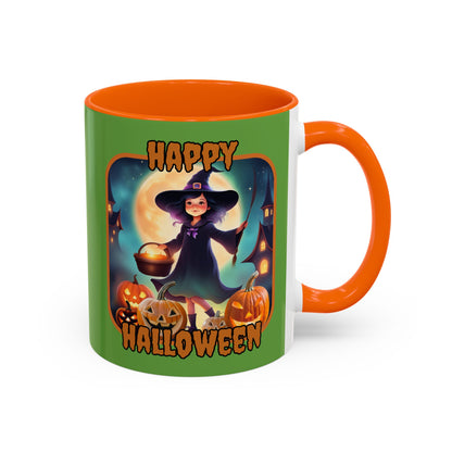 Happy Halloween Little Witch Orange font Green Accent Mug by CreepyCrafts.boo
