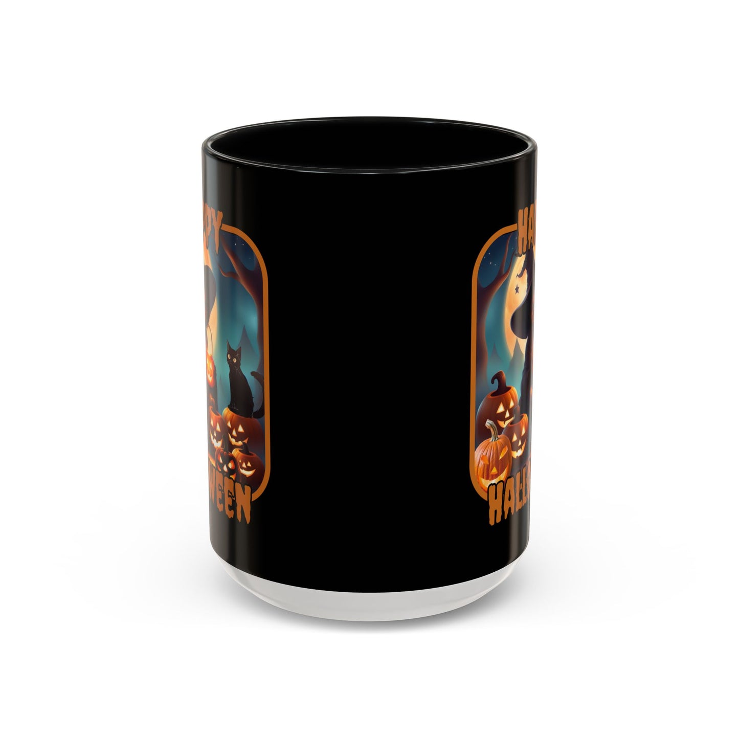 Happy Halloween Cute Witch Orange font Black Accent Mug by CreepyCrafts.boo