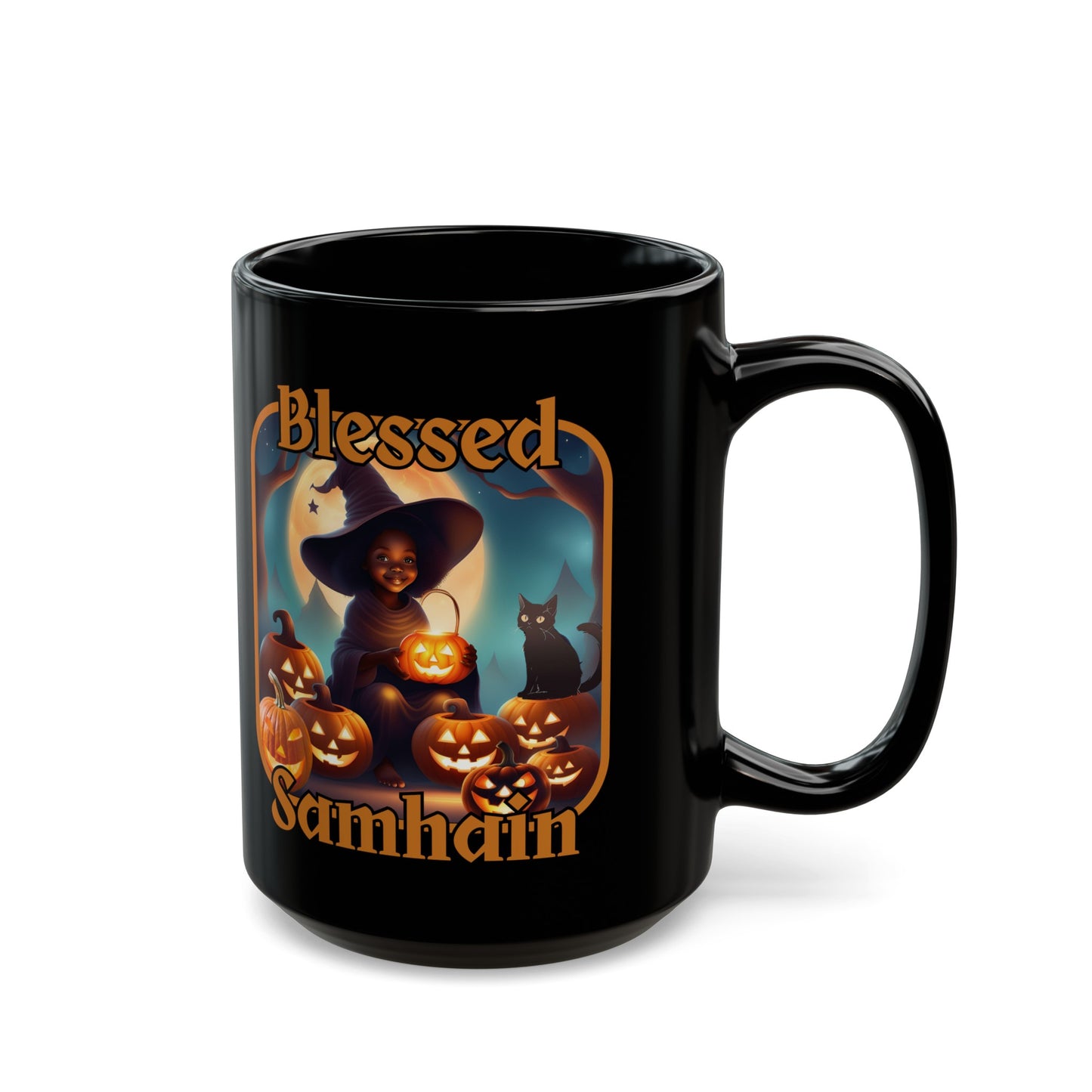 Blessed Samhain Cute Witch ORfont Black Mug by cypherpunkgear