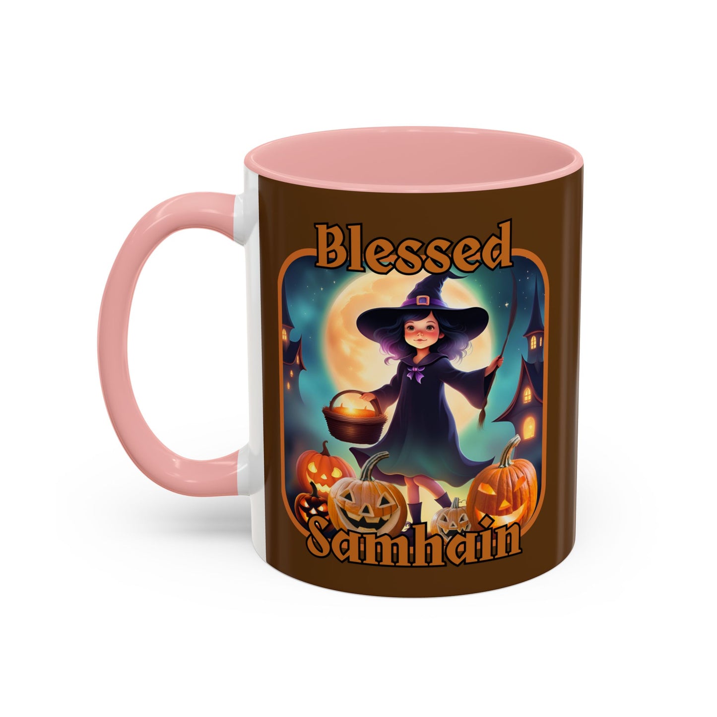 Blessed Samhain Little Witch Orange font Brown Accent Mug by CreepyCrafts.boo