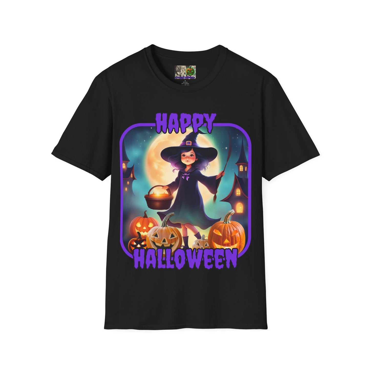 Happy Halloween Little Witch Purple font, Dark colors, Unisex T-Shirt by CreepyCrafts.boo