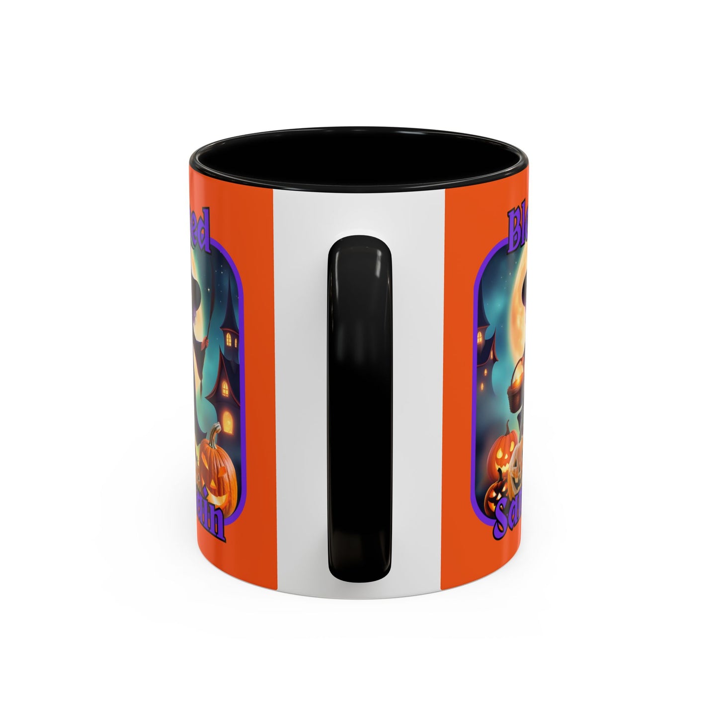 Blessed Samhain Little Witch Purple font Orange Accent Mug by CreepyCrafts.boo
