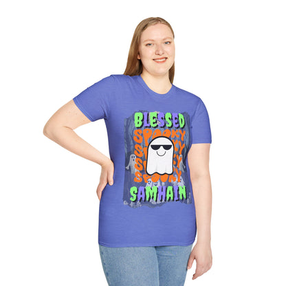 Spooky Blessed Samhain Ghost Mixed font Unisex T-Shirt by CreepyCrafts.boo