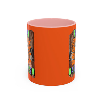 Spooky Happy Halloween Ghost Mixed font Orange Accent Mug by CreepyCrafts.boo