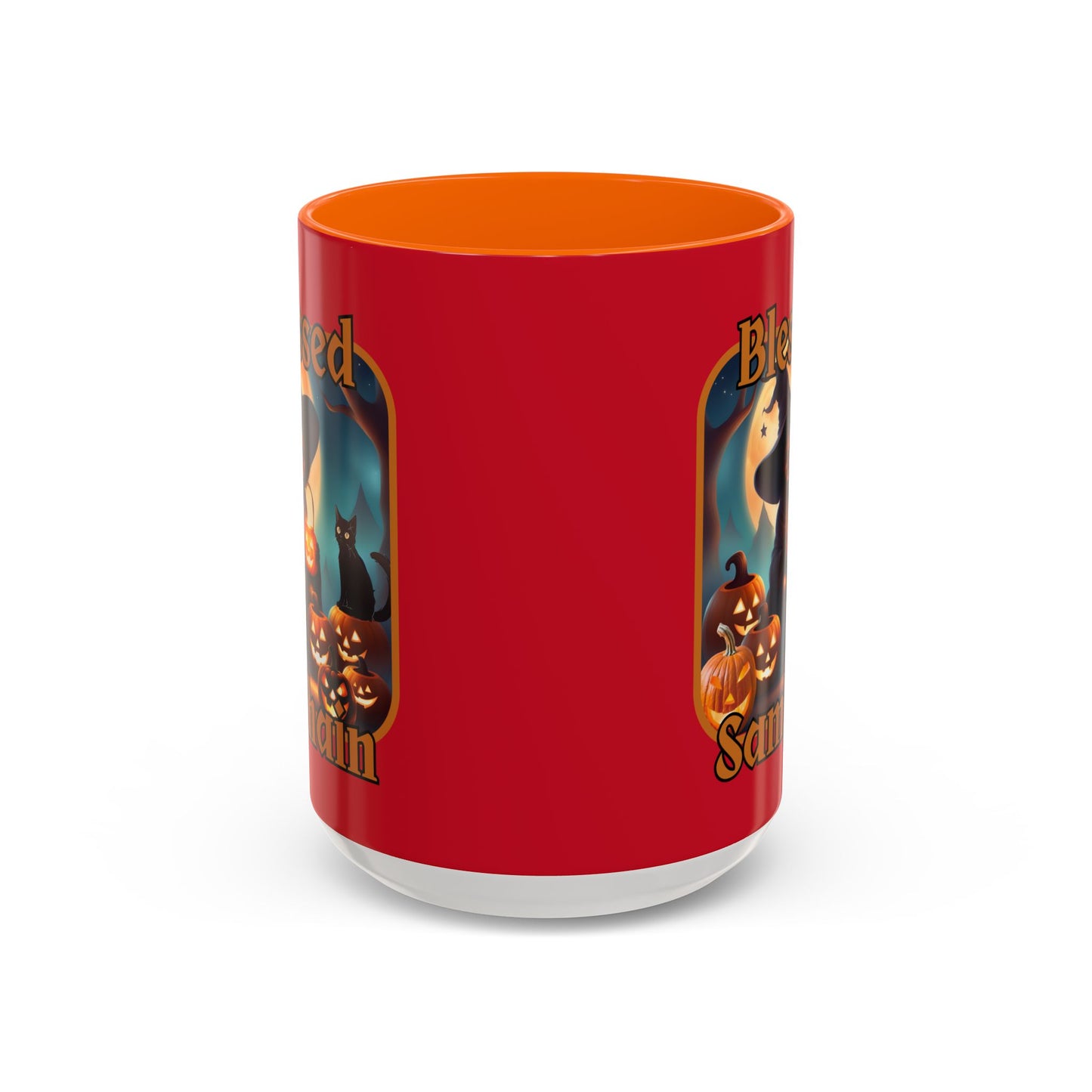 Blessed Samhain Cute Witch Orange font Red Accent Mug by CreepyCrafts.boo