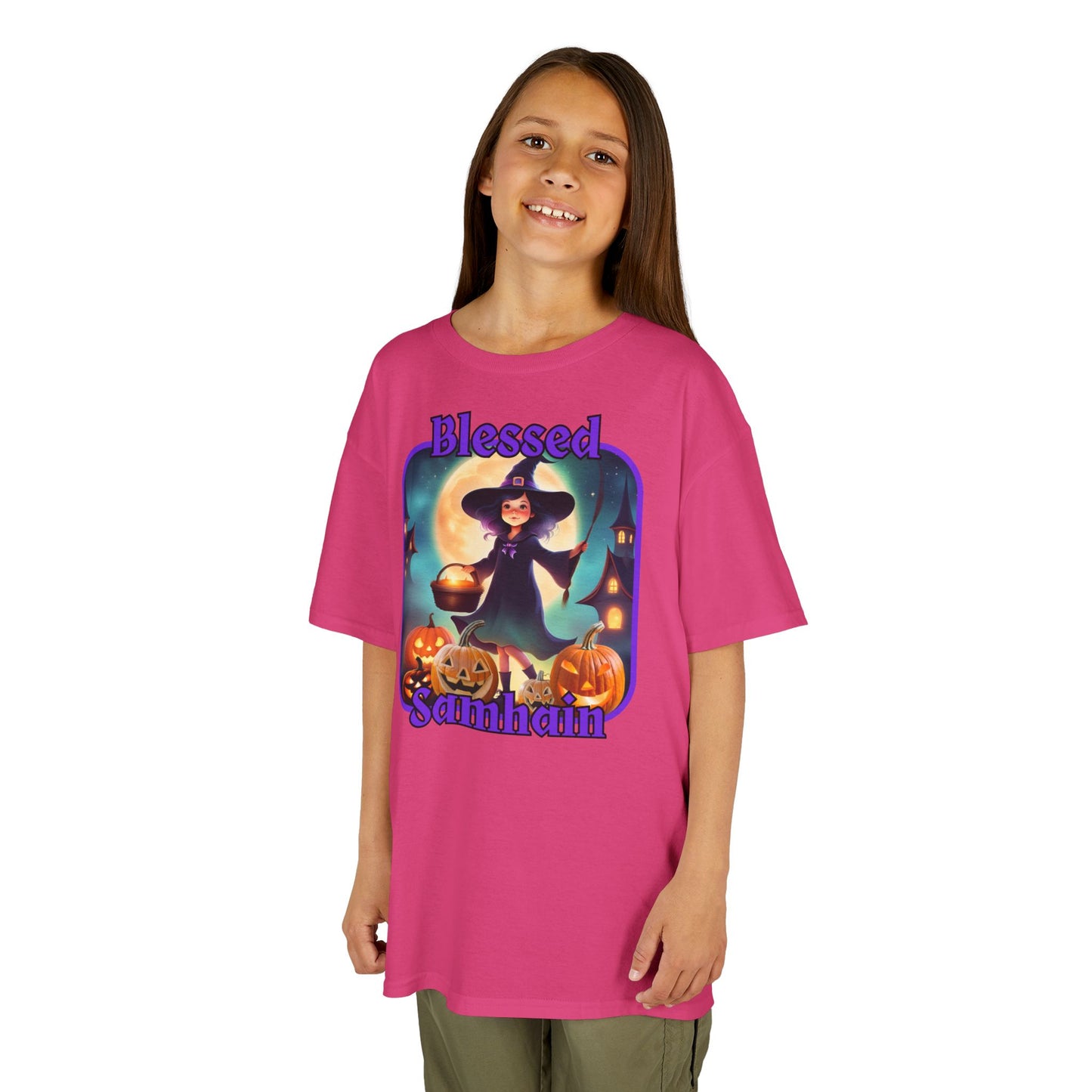 Blessed Samhain Little Witch Purple font Kids Heavy Cotton™ Tee by CreepyCrafts.boo