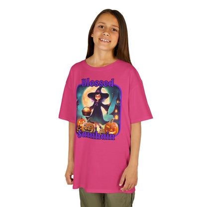 Blessed Samhain Little Witch Purple font Kids Heavy Cotton™ Tee by CreepyCrafts.boo