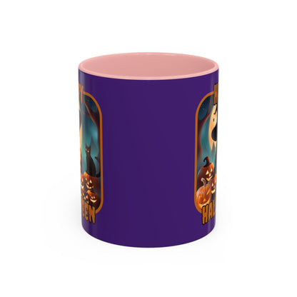Happy Halloween Cute Witch Orange font Purple Accent Mug by CreepyCrafts.boo
