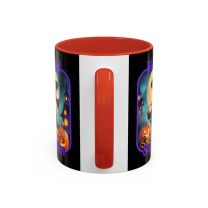 Blessed Samhain Little Witch Purple font Black Accent Mug by CreepyCrafts.boo