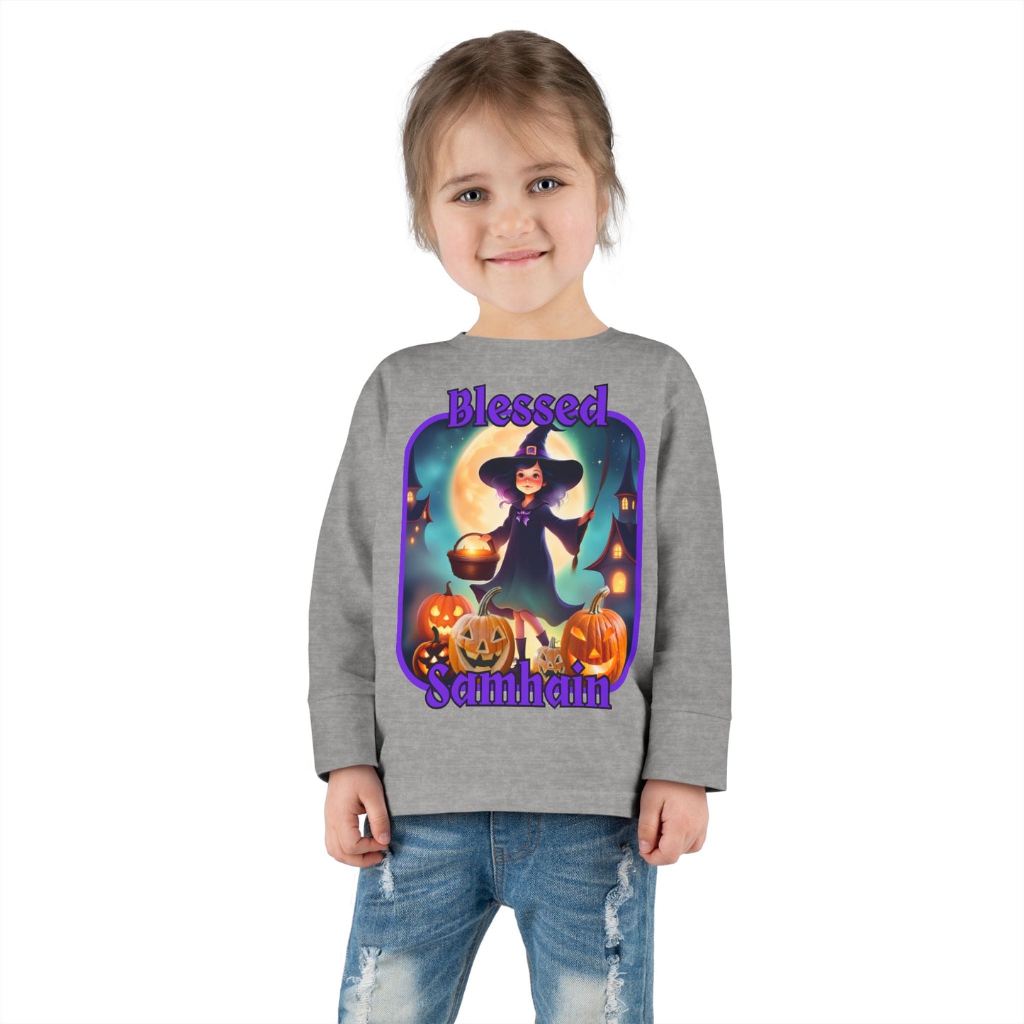 Blessed Samhain Little Witch Purple font Toddler Long Sleeve Tee by CreepyCrafts.boo