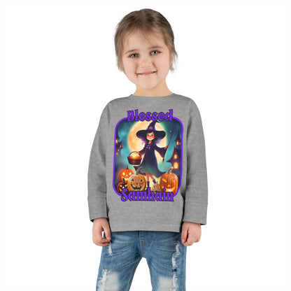 Blessed Samhain Little Witch Purple font Toddler Long Sleeve Tee by CreepyCrafts.boo