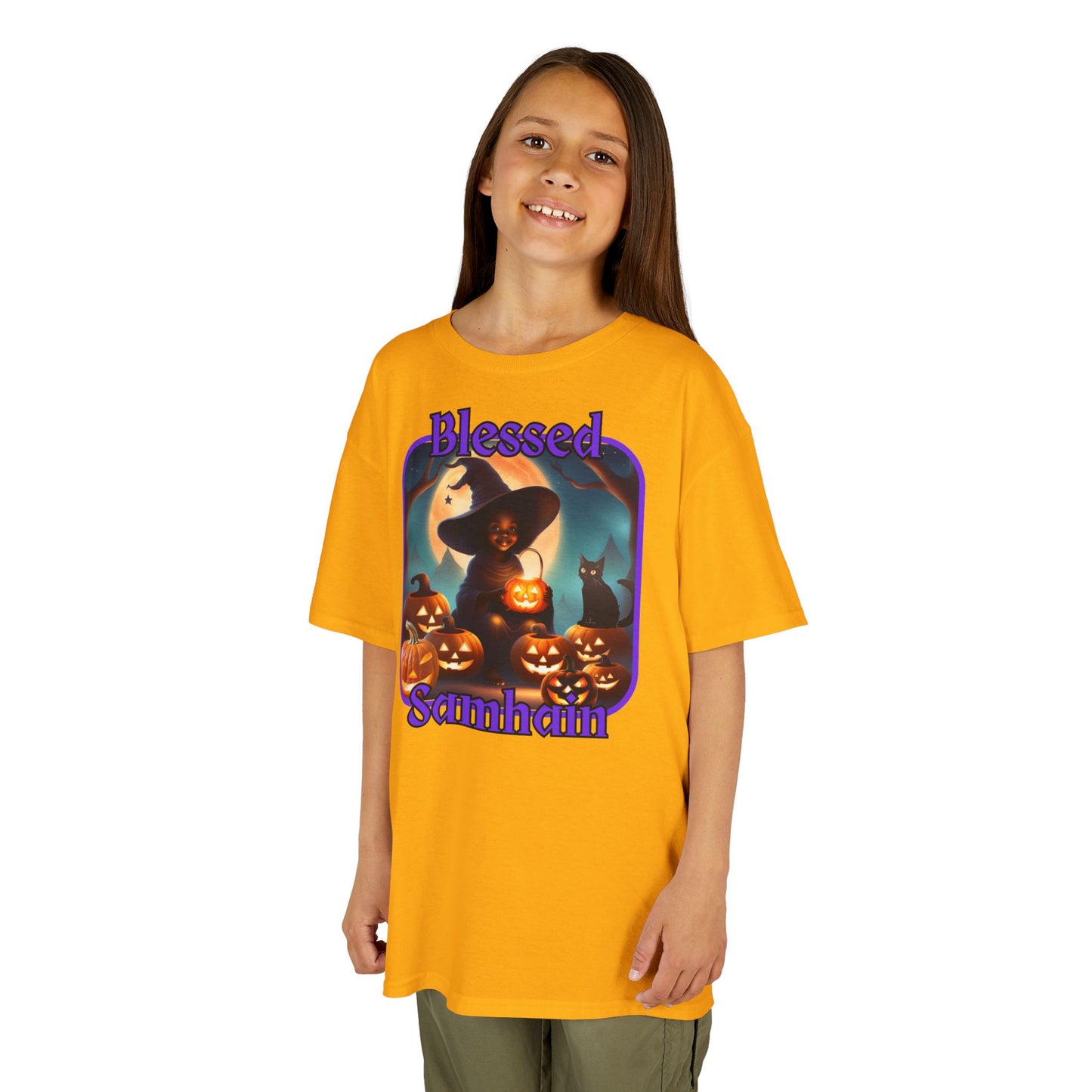 Blessed Samhain Cute Witch Purple font Kids Heavy Cotton™ Tee by CreepyCrafts.boo