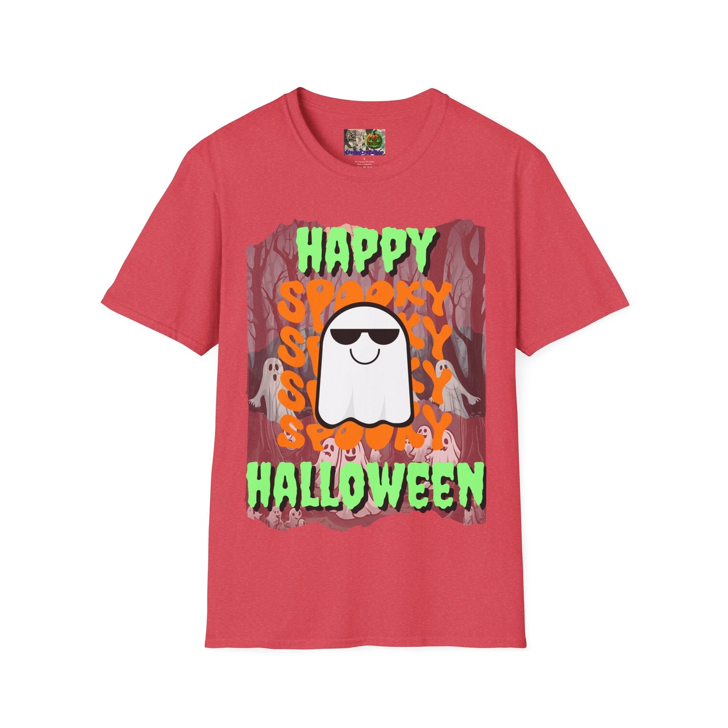 Spooky Happy Halloween Ghost Light colors Green font Unisex T-Shirt by CreepyCrafts.boo