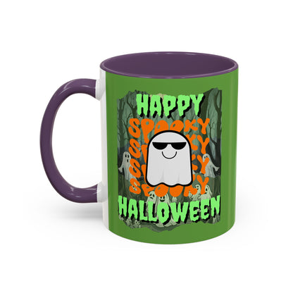 Spooky Happy Halloween Ghost Green font Green Accent Mug by CreepyCrafts.boo
