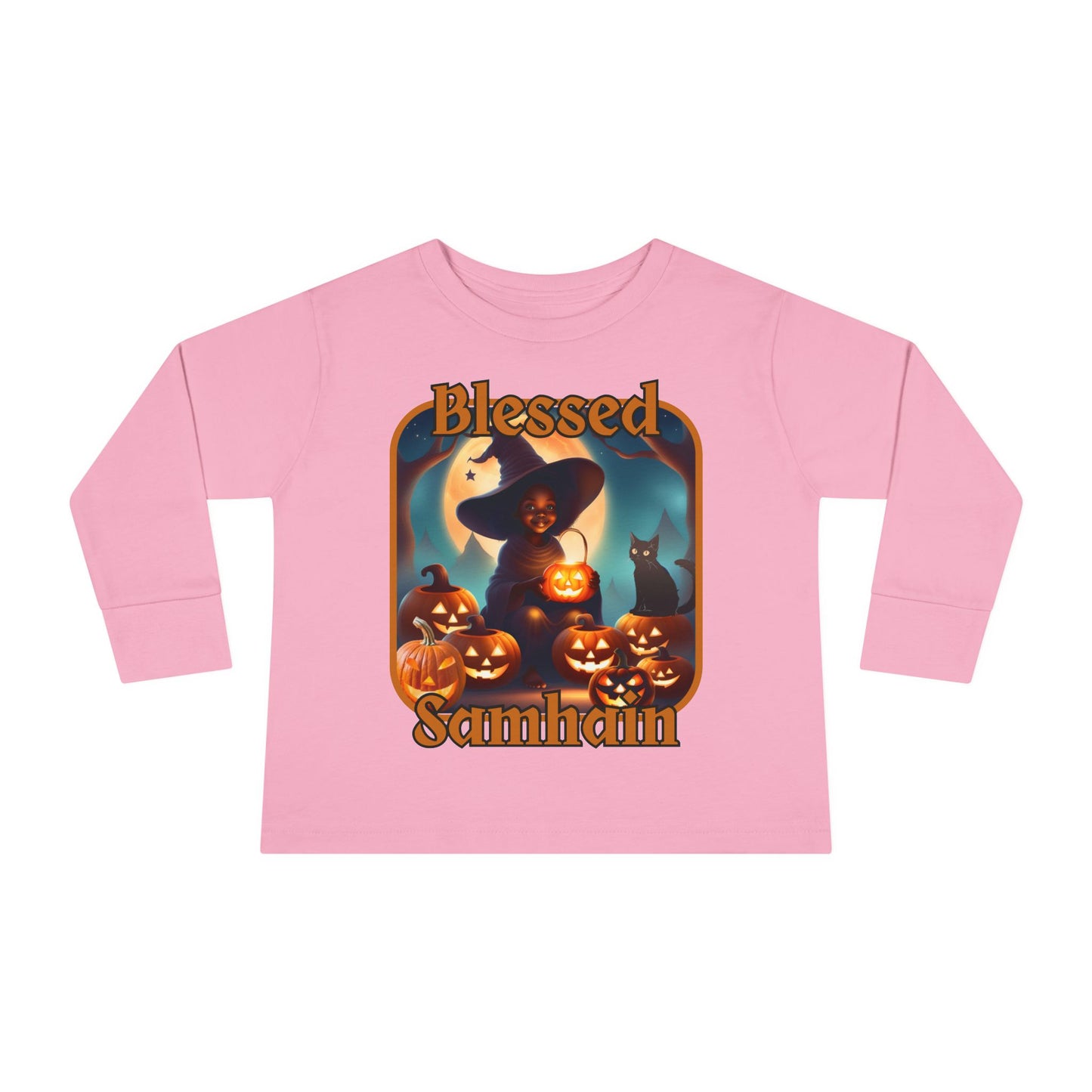 Blessed Samhain Cute Witch Orange font Toddler Long Sleeve Tee by CreepyCrafts.boo