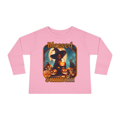 Blessed Samhain Cute Witch Orange font Toddler Long Sleeve Tee by CreepyCrafts.boo