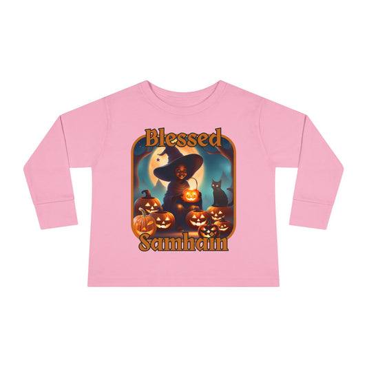 Blessed Samhain Cute Witch Orange font Toddler Long Sleeve Tee by CreepyCrafts.boo