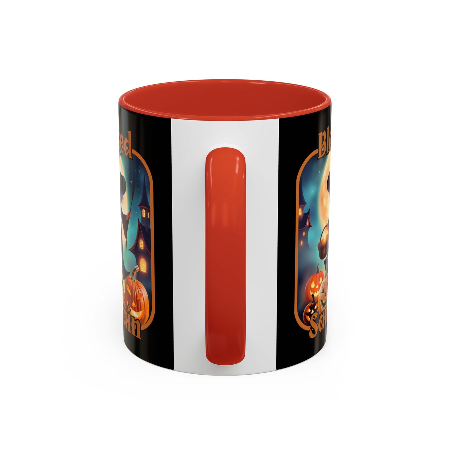 Blessed Samhain Little Witch Orange font Black Accent Mug by CreepyCrafts.boo