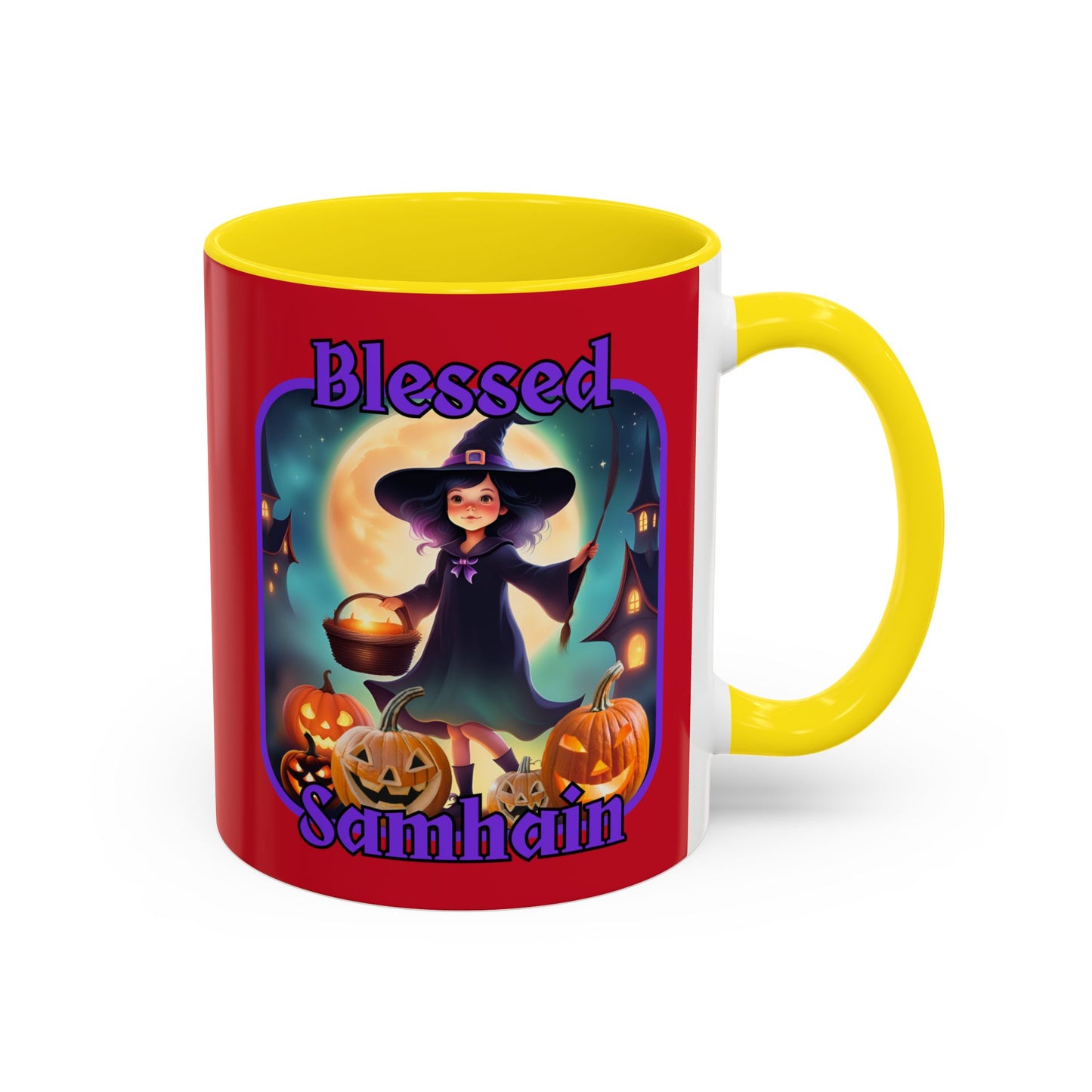Blessed Samhain Little Witch Purple font Red Accent Mug by CreepyCrafts.boo