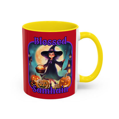 Blessed Samhain Little Witch Purple font Red Accent Mug by CreepyCrafts.boo