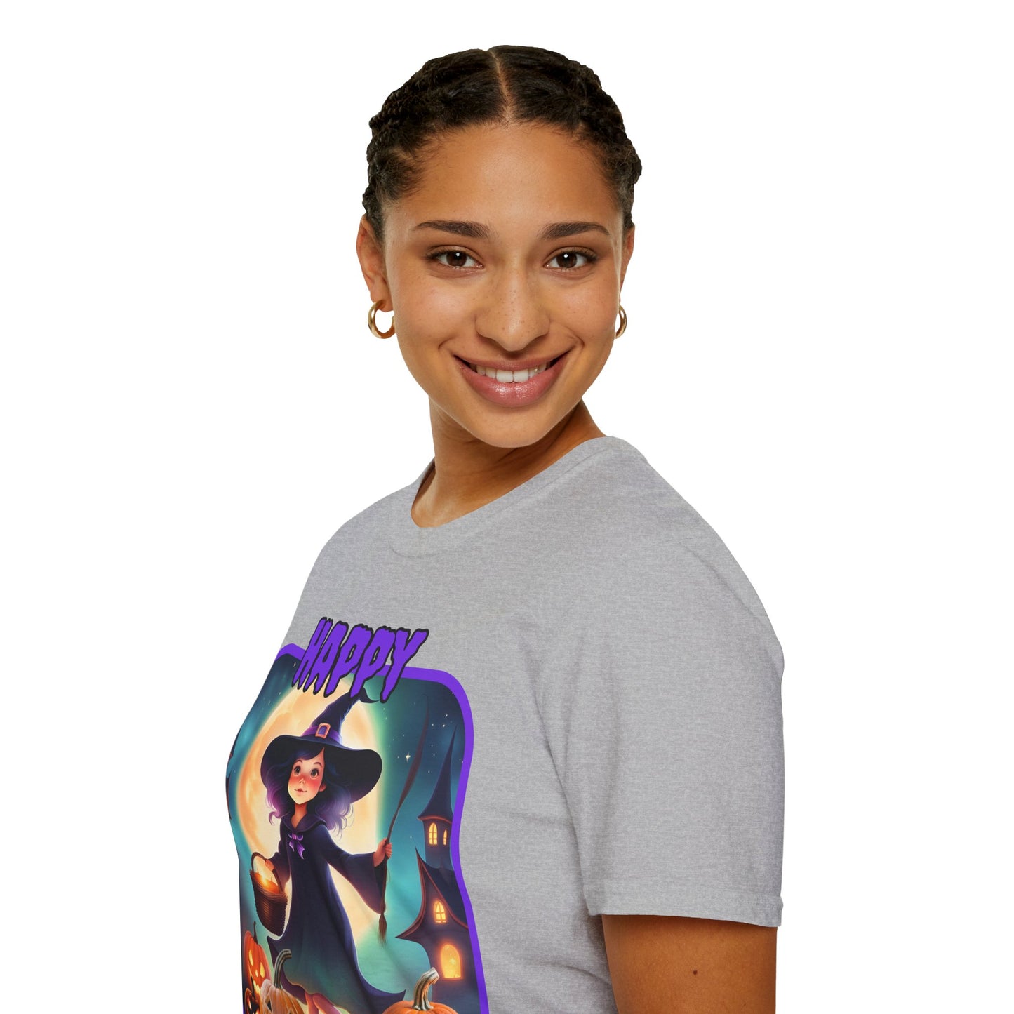 Happy Halloween Little Witch Purple font, Light colors, Unisex T-Shirt by CreepyCrafts.boo